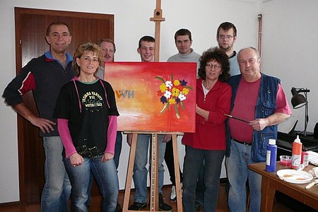 Josef und Roswitha Schaden, Josef Bauer, Markus Wally, Alexander Scheidl, Herfriede Konkolits-Fessl, Bernhard Kaufmann und Leopold Zauner als "Malkünstler"